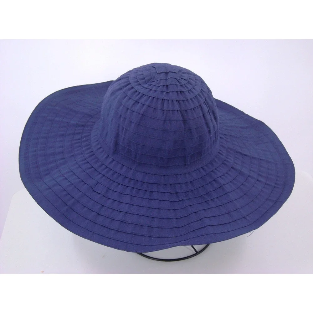 NYC Underground Navy Blue Wide Brim Sun Hat Pleated Tiered Summer Beach Hat OS